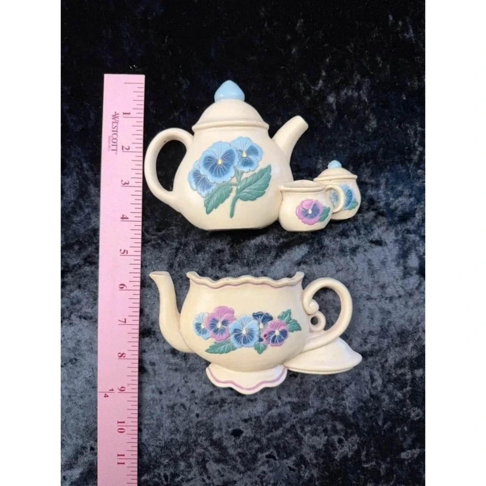 Vintage 1995 Burwood Pansy Teapot Wall Plaques Set of 2 USA Cottagecore